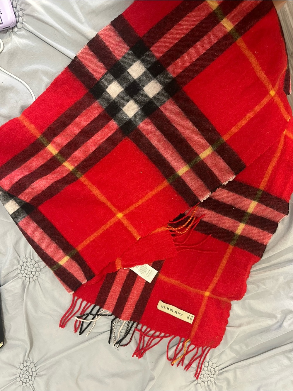 Burberry Red and Yellow Plaid Wool Scarf